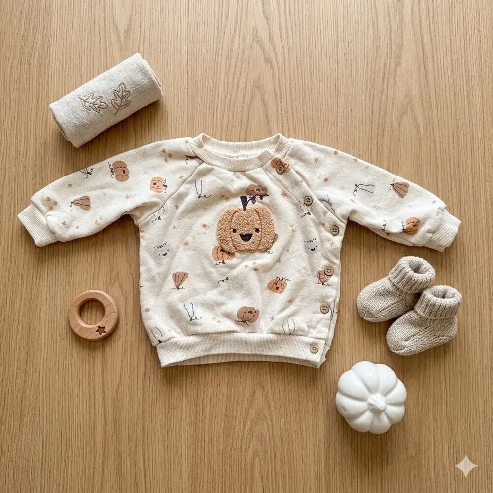 Rabbit + Bear Organic Pumpkin Sweatshirt Cream Sherpa Patch Pullover 6-9 Months